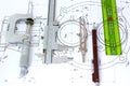 Five engineering tools on blueprint