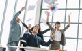 Five female and male Caucasian smart businesspeople wearing formal suit, working together with teamwork, smiling, throwing project Royalty Free Stock Photo