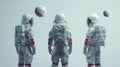 Five figures in sleek space suits stand with their backs to the viewer unknowingly being observed by a species of higher Royalty Free Stock Photo