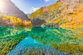 Five Flower Lake at autumn sunrise time. Jiuzhaigou nature reserve, Royalty Free Stock Photo