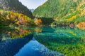 Five Flower Lake at autumn time. Jiuzhaigou nature reserve. Jiuzhai Valley National Park. Royalty Free Stock Photo