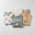 Five folded baby shirts with animal prints, arranged on a white surface. Two shirts are Royalty Free Stock Photo