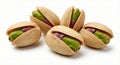 Five fresh pistachios with vibrant green nuts nestled inside their shells, isolated on a clean white background Royalty Free Stock Photo