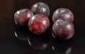 Five fresh plums on a black reflective background with water drops Royalty Free Stock Photo