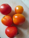 Five fresh tomatoes of various sizes Royalty Free Stock Photo