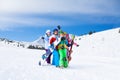 Five friends together with snowboards and skis Royalty Free Stock Photo