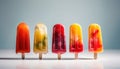 Five fruit popsicles on blue and white background - Generative Ai