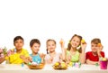 Five funny children with colourful Eastern eggs Royalty Free Stock Photo