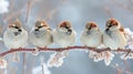 Five funny little birds sparrows sitting on a branch in winter