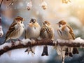 Five funny little birds sparrows sitting on a branch in winter