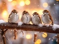 Ai Generated illustration Wildlife Concept of Five funny little birds sparrows sitting on a branch in winter