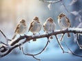 Ai Generated illustration Wildlife Concept of Five funny little birds sparrows sitting on a branch in winter