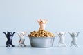 Five funny toy dancing kittens with raised paws next to a bowl filled with dry cat food. The concept of food for pets