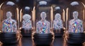 Five futuristic transparent figures displaying digital information and colorful patterns inside a modern chamber Royalty Free Stock Photo