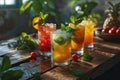 Five gin tonic cocktails in wine glasses on bar counter in pup or restaurant. Alcoholic cocktail row on bar table, colorful party Royalty Free Stock Photo