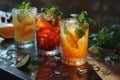 Five gin tonic cocktails in wine glasses on bar counter in pup or restaurant. Alcoholic cocktail row on bar table, colorful party Royalty Free Stock Photo