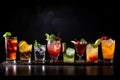 Five gin tonic cocktails in wine glasses on bar counter in pup or restaurant. Assortment of Colorful Brunch Cocktails, Including