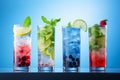 Five gin tonic cocktails in wine glasses on bar counter in pup or restaurant. Assortment of Colorful Brunch Cocktails, Including Royalty Free Stock Photo