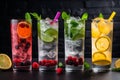 Five gin tonic cocktails in wine glasses on bar counter in pup or restaurant. Assortment of Colorful Brunch Cocktails, Including