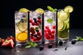 Five gin tonic cocktails in wine glasses on bar counter in pup or restaurant. Assortment of Colorful Brunch Cocktails, Including Royalty Free Stock Photo