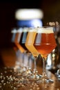 Three glasses with different beer on wooden table in a bar. Food photography concept, with copy space Royalty Free Stock Photo