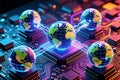 Five globes sit atop computer chips connected with glowing lines in a modern futuristic technology render representing global Royalty Free Stock Photo