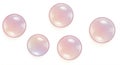 Five glossy, translucent spheres with a subtle pink hue are arranged on a white Royalty Free Stock Photo
