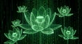 Digital Lotus Flowers in a Matrix of Green Binary Code, Symbolizing Technology and Spirituality Royalty Free Stock Photo