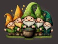 Five gnomes wearing a St. Patrick\'s Day sweater with a rainbow