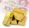 Five gold bars with china one hundred yuan background