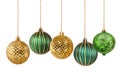 Five gold and green decoration Christmas balls collection hanging isolated