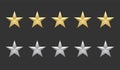 Five gold and silver shape stars quality icon on a dark background. 5 gradient rating stars. EPS 10 vector rank illustration