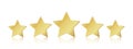 Five gold stars. 5 star rating realistic leadership symbol. Glossy yellow metallic winner champion rating. Vector