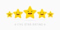 Five golden rating star wiyh cute smile face. Vector illustration in white