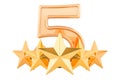 5 five golden stars concept, 3D rendering Royalty Free Stock Photo