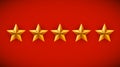 Five golden stars on red background. Rating, rank or award concept.