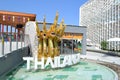 Five golden Thai dragons and a pool decorate the pavilion entrance of the Thailand EXPO Milano 2015.