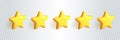 Five golden yellow 3d stars glossy colors