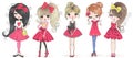 Five hand drawn beautiful cute cartoon amazing fashion girls. Royalty Free Stock Photo