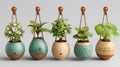 Five Hanging Egg Shaped Planters with Various Plants and Textured Finishes Royalty Free Stock Photo