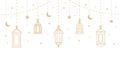 Five hanging ramadan lanterns and islamic ornaments isolated on white background