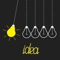 Five hanging yellow light bulbs. Perpetual motion. Idea concept. Grey background. Flat design