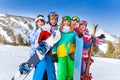 Five happy smiling friends with snowboards Royalty Free Stock Photo