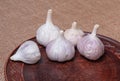 Five heads of garlic on a clay plate.