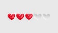 Five heart rating. Three of five red hearts. Rating consisting of red hearts on a white background.