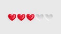 Five heart rating. Three of five red hearts. Rating consisting of red hearts on a white background. Royalty Free Stock Photo