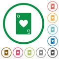 Five of hearts card flat icons with outlines