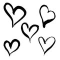 Five hearts love shape brush stroke black vector icon set. Hand drawn grunge style isolated element