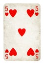 Five of Hearts Vintage playing card - isolated on white