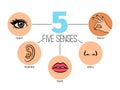 Five human feelings. Mouth or lips, hand and nose, eye and ear icons, sight and smell, touch, hearing and taste senses